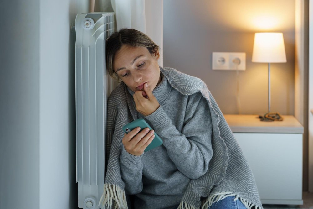 Femme assise près d’un radiateur en regardant son téléphone
