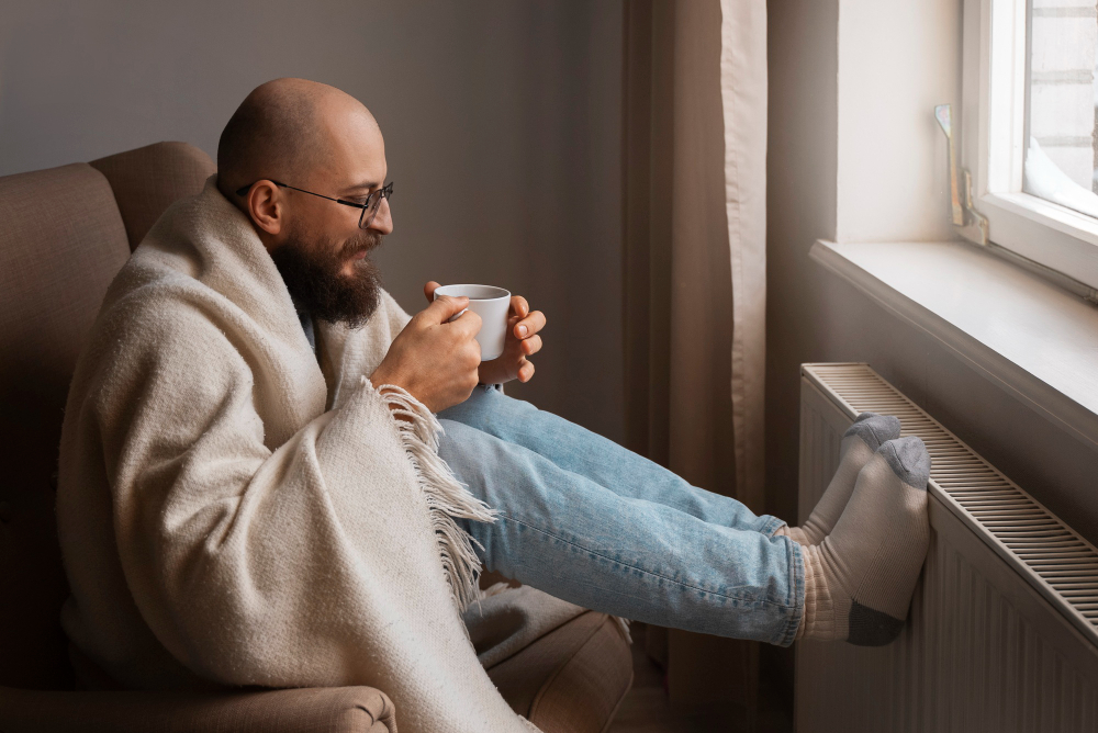 Homme assis dans un fauteuil, enveloppé dans une couverture, une tasse à la main et les pieds posés sur un radiateur près d’une fenêtre.
